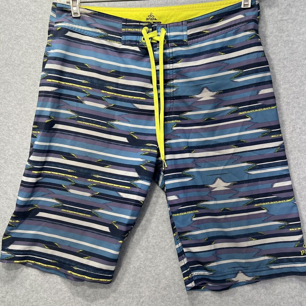PRANA Board Shorts sz 32 actual 34x10 Blue Striped Swim Trunks Stretch Polyester